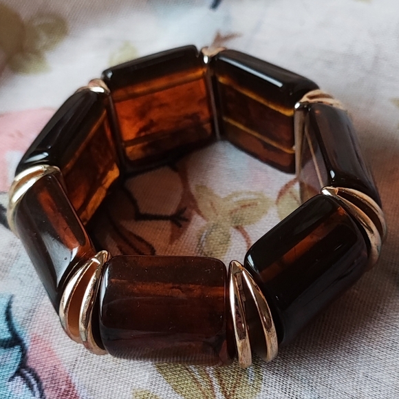 Thick Chunky Tortoise Segment Gold Tone Accents Stretch Vintage Bracelet EUC - Picture 5 of 8